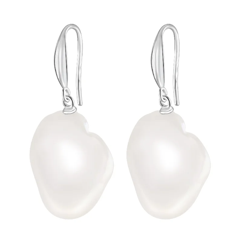 Sterling Silver Diamond Earrings-Sterling Silver Large White Baroque Pearl Drop Earrings