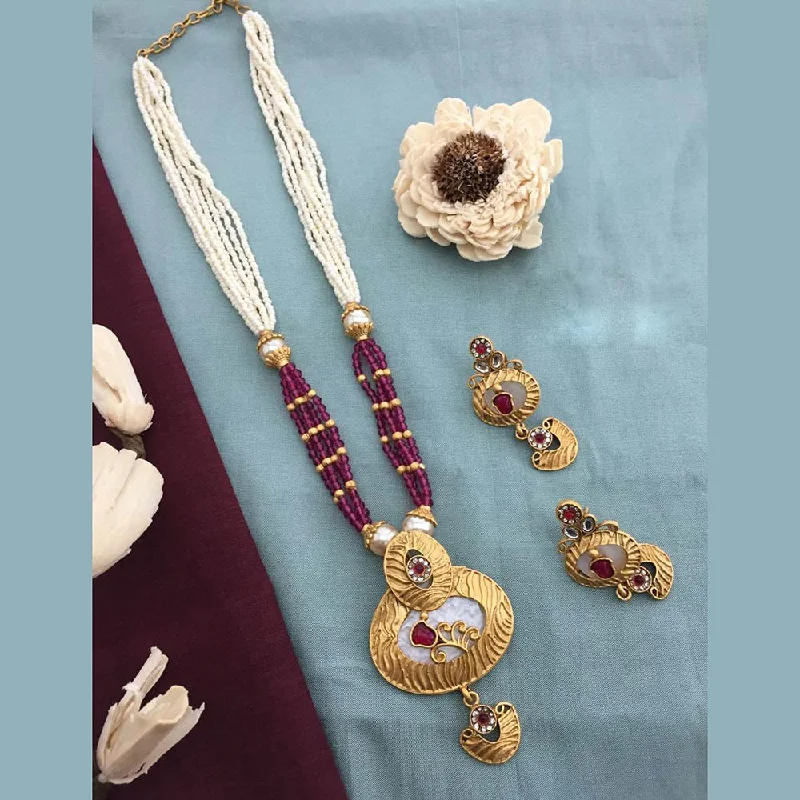 Multi-Strand Necklace-FS Collection Gold Plated Kundan Stone And Pearls Long Necklace Set