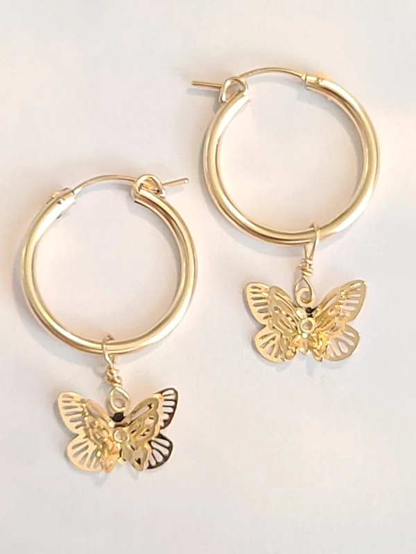 Drop Crystal Earrings-Butterfly 14kt Gold Fill Hoop Earrings