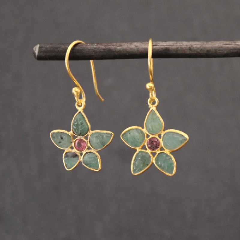 Chunky Gold Earrings-18ct Gold Vermeil Emerald & Ruby Flower Drop Earrings