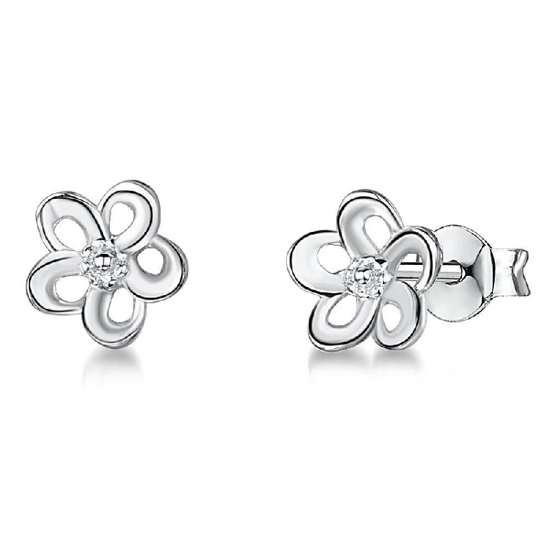 Beautiful Long Earrings-Sterling Silver and Cubic Zirconia Flower Studs