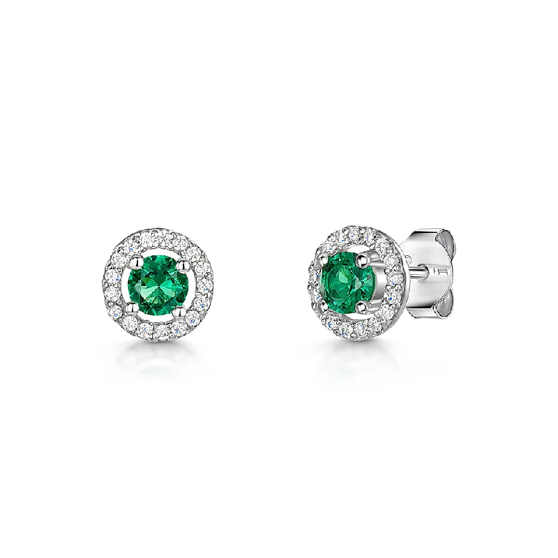 Turquoise Earrings-Jools Silver Emerald Green Zirconia Halo Stud Earrings