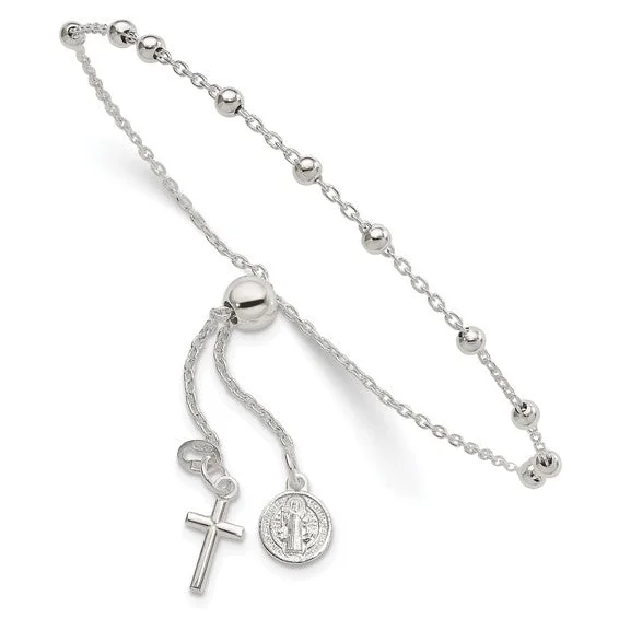 Men's Leather Bracelets-Sterling Silver Adjustable St. Benedict Rosary Bolo Bracelet