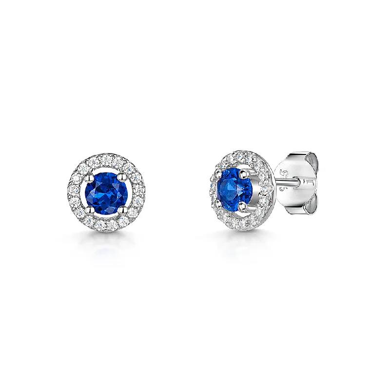 Abstract Shape Earrings-Jools Silver Sapphire Blue Zirconia Halo Stud Earrings