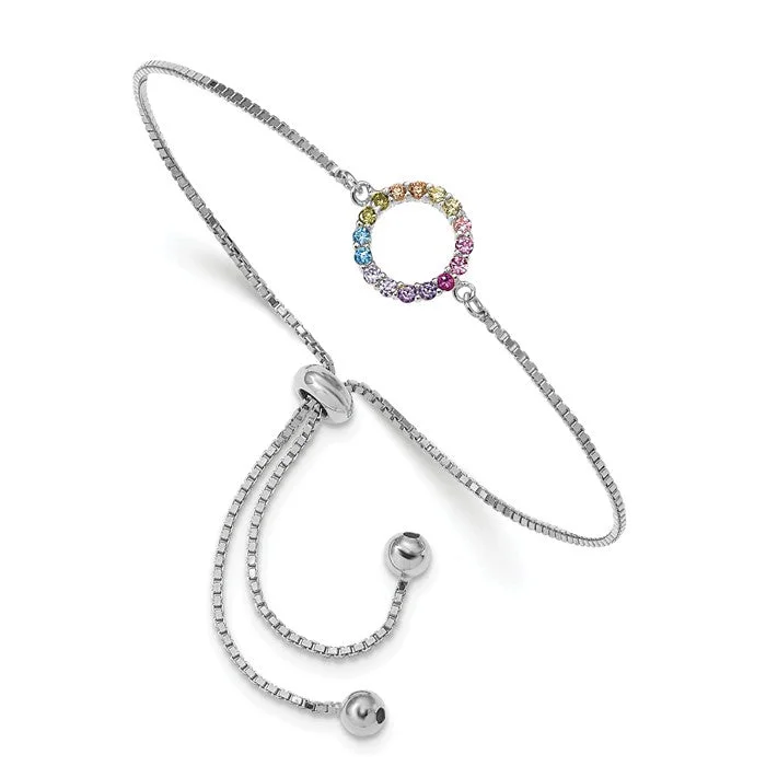 Handmade Gemstone Bracelets-Sterling Silver Colorful Rainbow CZ Open Circle Adjustable Bolo Bracelet