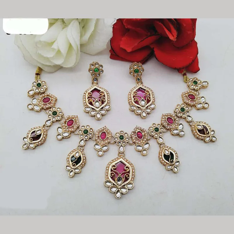 Unique Leather Necklace-FS Collection Gold Plated Kundan Stone And Pearls Necklace Set