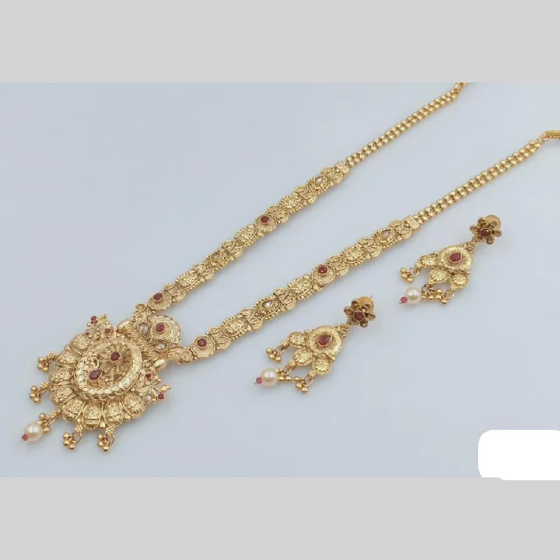 Designer Gold Necklace-Rani Sati Jewels Gold Plated Pota Stone And Pearl Long Necklace Set