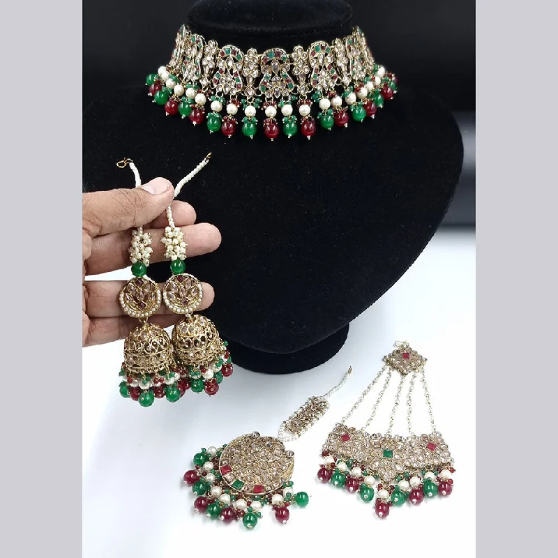 Double Layer Necklace-JCM Gold Plated  Kundan Stone And Pearls Choker Necklace Set