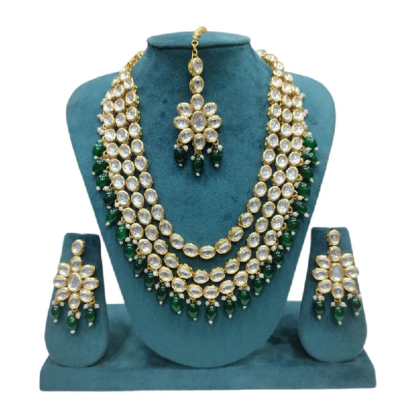 Gold Statement Necklace-Akruti Collection Gold Plated Kundan Stone And Beads Multi Layer Necklace Set