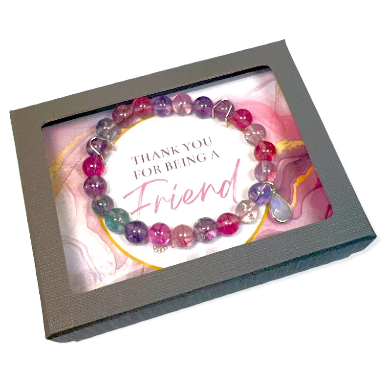 Unique Gold Bracelets-Colorful Quartz with Moonstone Sterling Silver Charm "Thank You for Being a Friend" Bracelet Gift Box