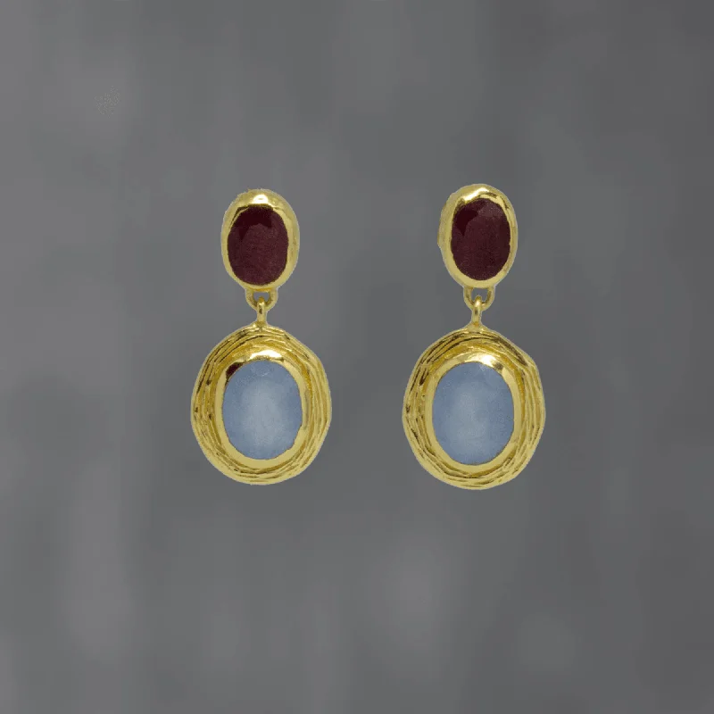 Drop Crystal Earrings-Gold Textured Ruby and Blue Chalcedony Drop Earrings