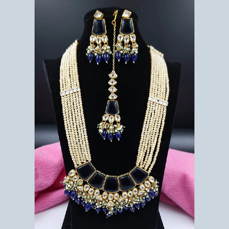 Long Gold Necklace-JCM Gold Plated Kundan Stone And Pearls Long Necklace Set