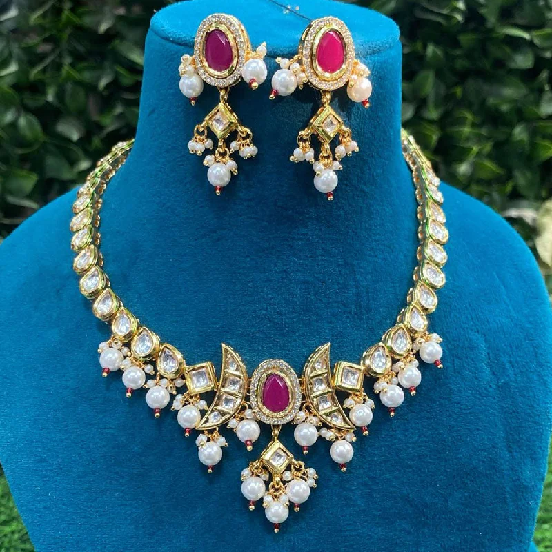 Stylish Pearl Necklace-Amoliya Jewels Gold Plated Kundan Stone And Pearls Necklace Set