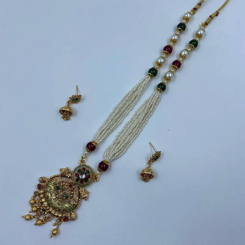 Trendy Gold Pendant Necklace-The Fashion Jewels Gold Plated Pota Stone And Pearl Long Necklace Set