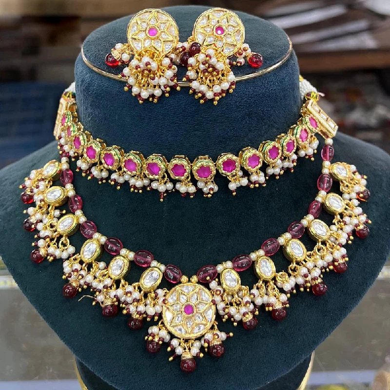 Double Chain Necklace-JCM Gold Plated Kundan Stone Pearl Necklace Set