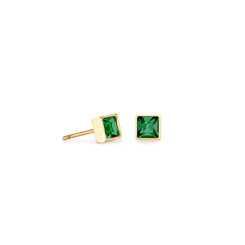 Large Gemstone Earrings-Coeur De Lion Brilliant Square Gold and Dark Green Crystal Stud Earrings