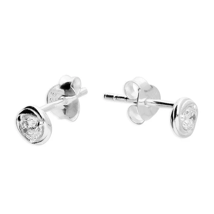 Oval Shaped Earrings-3mm Cubic Zirconia in a Small Twist Silver Stud Earrings