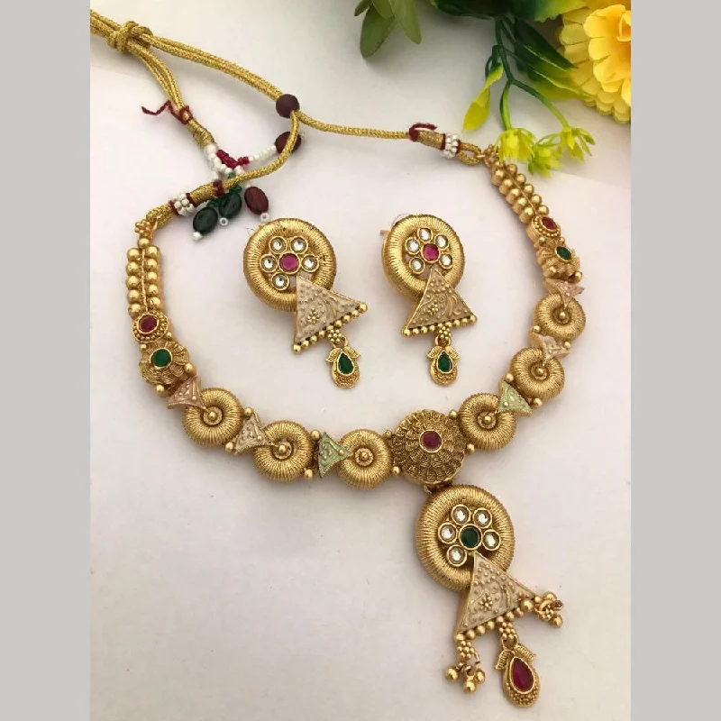 Long Statement Necklace-FS Collection Gold Plated Pota Stone Meenakari Necklace Set