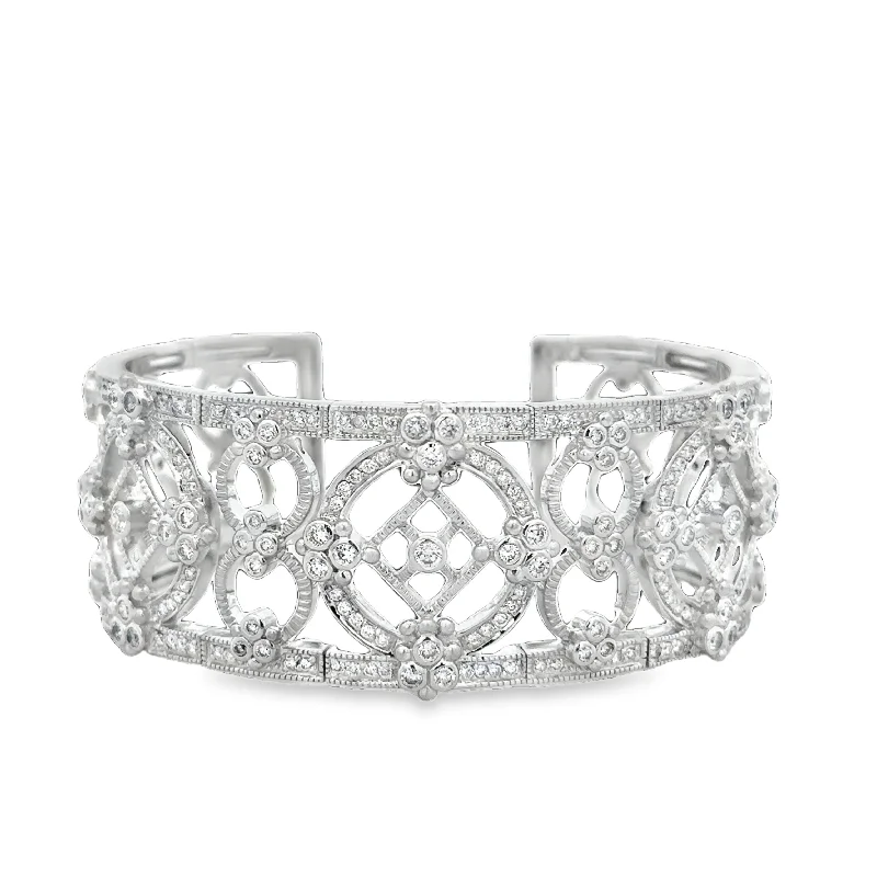 Silver Bangles with Gemstones-Openwork Diamond Bangle Bracelet in 18k White Gold