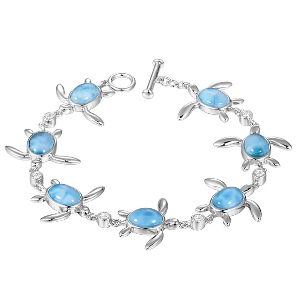 Bohemian Style Bracelets-Sterling Silver Alamea Hawaii Larimar Honu Sea Turtle and CZ Bracelet