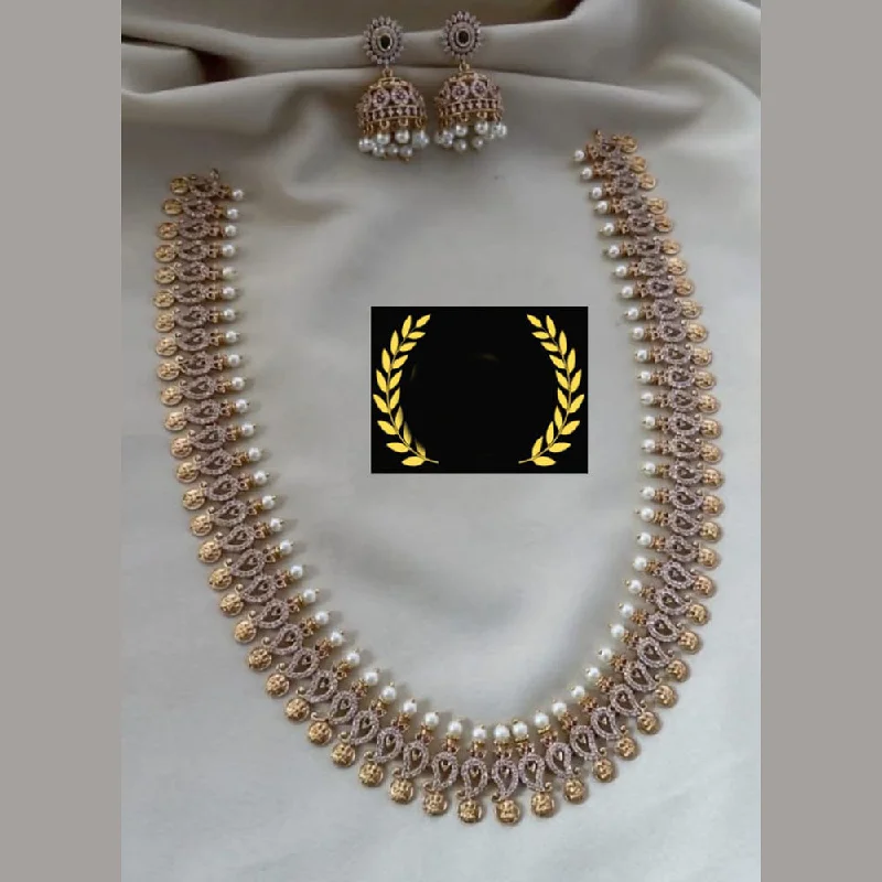 Layered Pendant Necklace-FS Collection Gold Plated Austrian Stone And Pearls Long Necklace Set