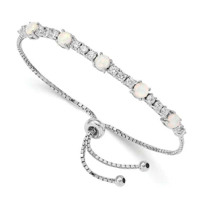 Bold Silver Bracelets-Sterling Silver White Created Opal And CZ Adjustable Bolo Bracelet