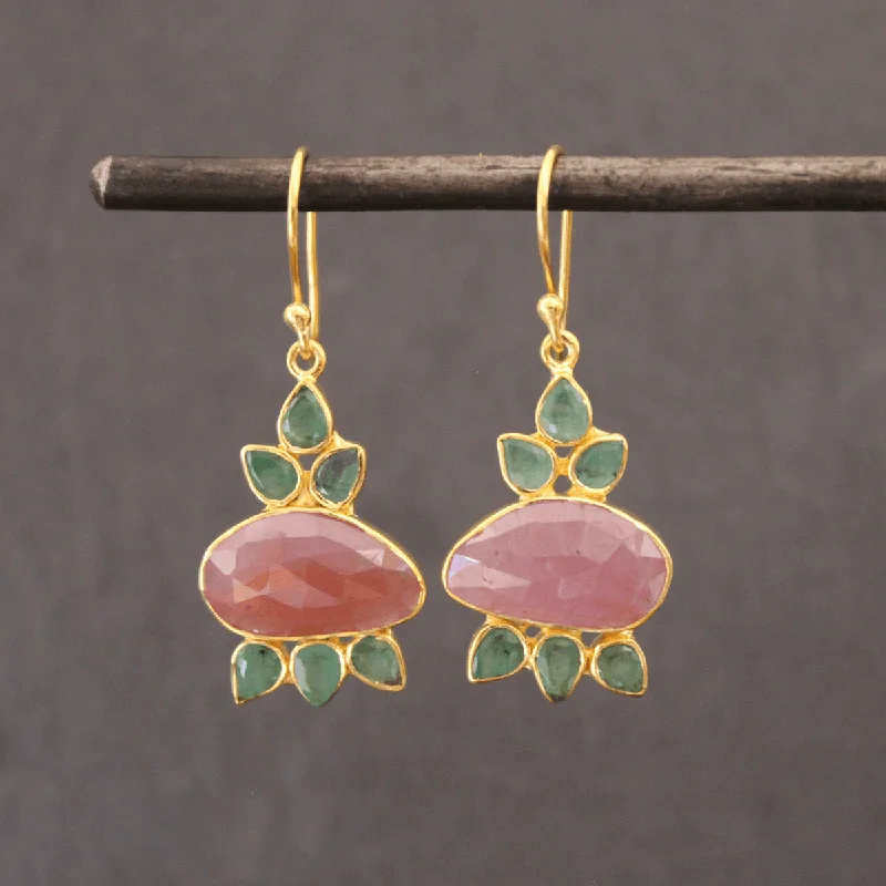 Long Gold Earrings-Gold Pink Sapphire and Emerald Pomegranate Drop Earrings