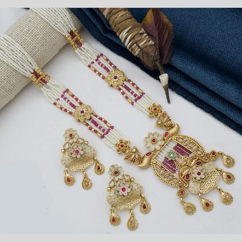 Statement Chunky Necklace-Manisha Jewellery Gold Plated Pota Stone And Pearl Long Necklace Set