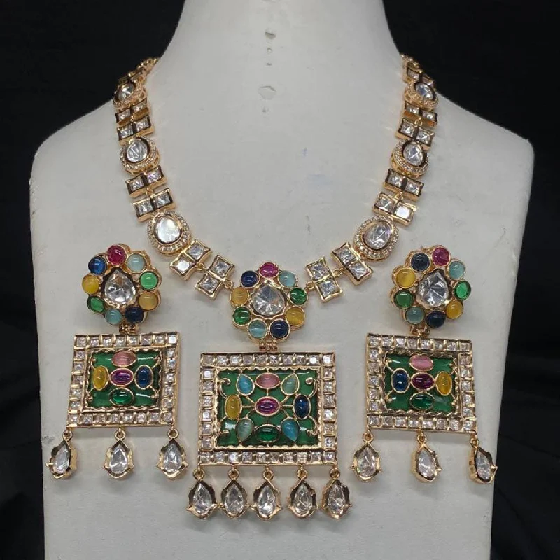 Oval Gemstone Necklace-Amoliya Jewels Gold Plated Polki Kundan Stone Necklace Set