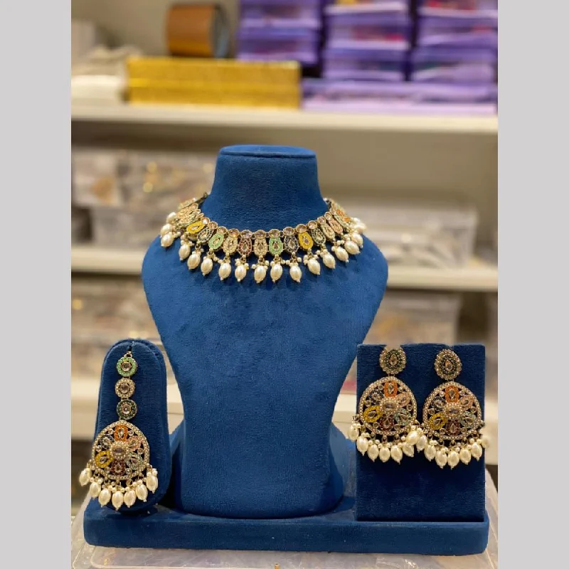 Colorful Necklace with Gemstones-Hira Collections Gold Plated Kundan Stone And Pearls Choker Necklace Set