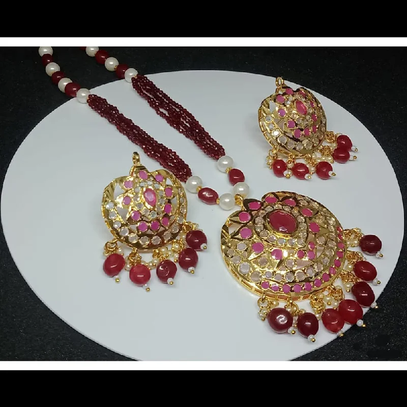 Long Statement Necklace-FS Collection Gold Plated Austrian Stone And Pearls Long Necklace Set