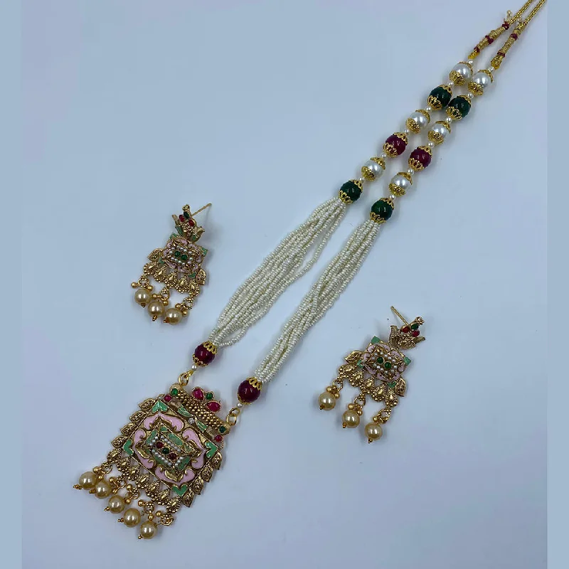 Dainty Chain Necklace-The Fashion Jewels Gold Plated Pota Stone And Pearl Long Necklace Set