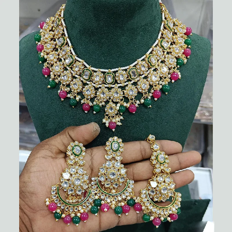 Gemstone Cluster Necklace-Rani Sati Jewels Gold Plated Kundan Stone And Pearls Necklace Set