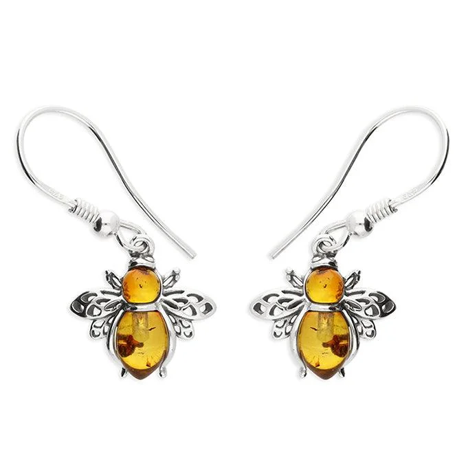 Antique Style Earrings-Sterling Silver Amber Bee Drop Earrings