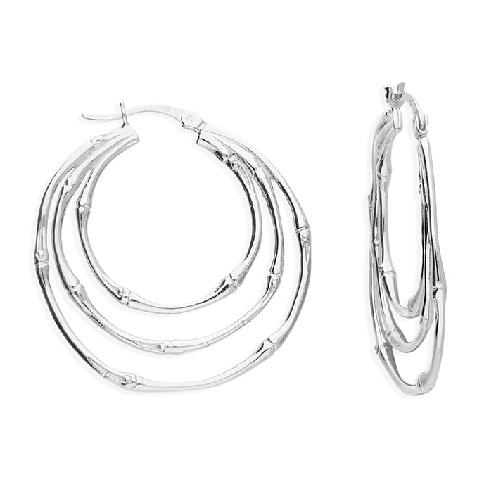 Gold Hoop Earrings-Sterling Silver Triple Bamboo Style Hoop Earrings