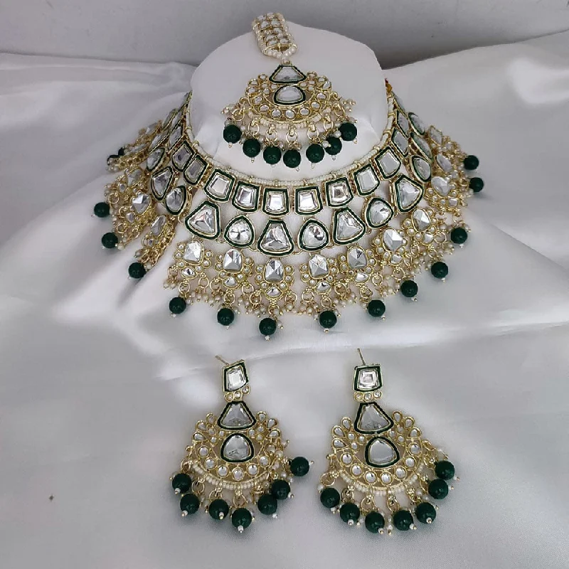 Minimalist Silver Necklace-FS Collection Gold Plated Kundan Stone And Pearls Choker Necklace Set