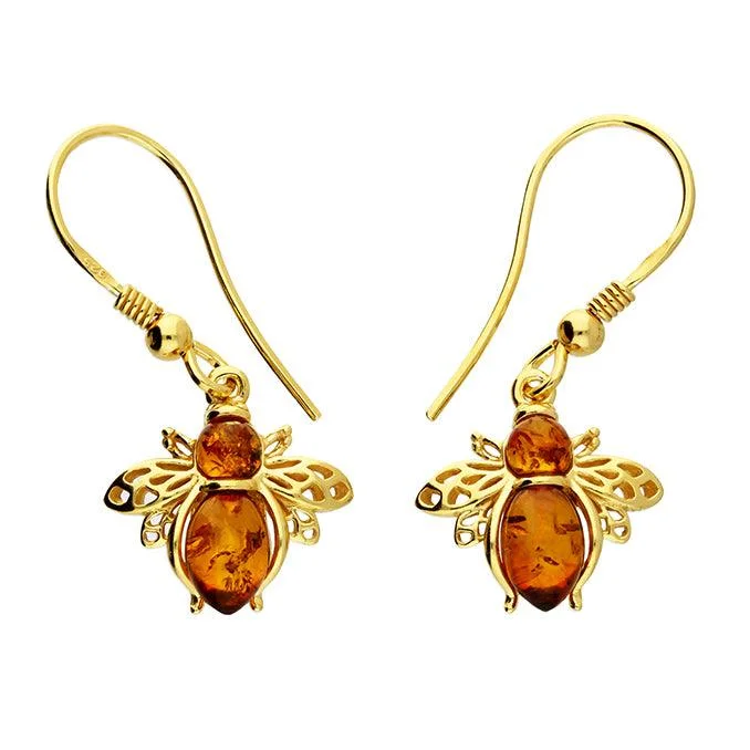 Sterling Silver Drop Earrings-Gold Amber Bee Drop Earrings