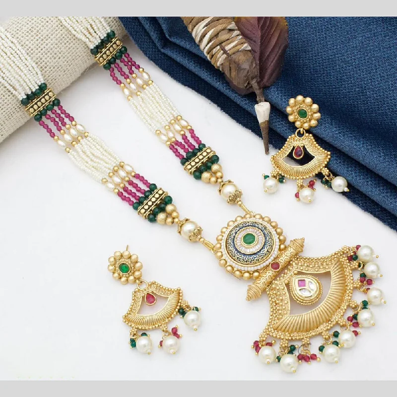 Opal Necklace-Manisha Jewellery Gold Plated Pota Stone And Pearl Long Necklace Set