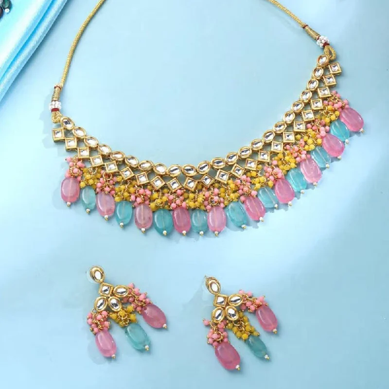 Bohemian Style Necklace-FS Collection Gold Plated Kundan Stone And Beads Necklace Set