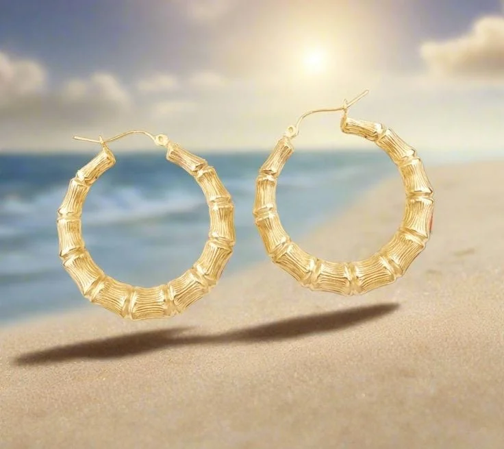 Bohemian Style Earrings-10kt Gold Bamboo Hoop Earrings