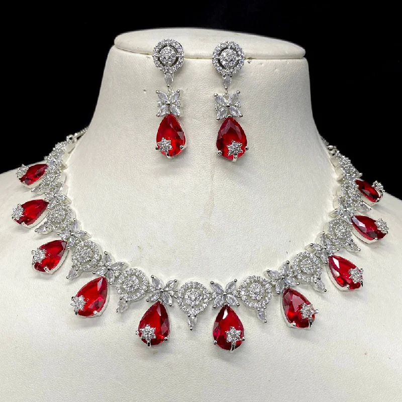 Layered Pendant Necklace-Royal Kundan Jewellery Silver Plated American Diamonds Necklace Set