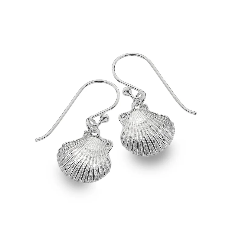 Long Gold Earrings-Baby Scallop Shell Drop Earrings in Sterling Silver