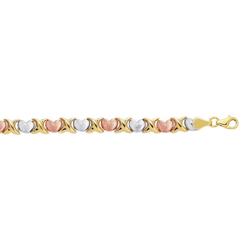 Designer Charm Bracelets-14kt 7.25 inches Yellow+White+Rose Gold Textured Shiny Tri Color Hugs+Kisses Bracelet with Pear Shape Clasp