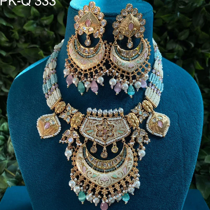 Crystal Pendant Necklace-Royal Kundan Jewellery Gold Plated Polki Kundan And Pearls Meenakari Necklace Set