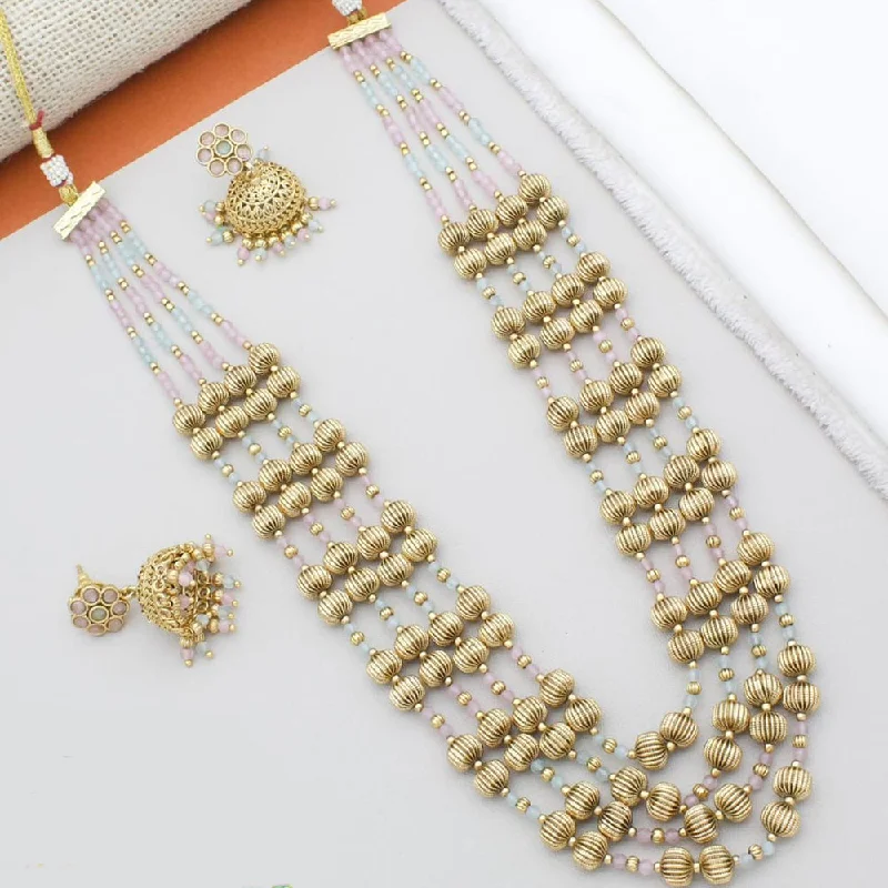 Simple Gold Necklace-Manisha Jewellery Gold Plated Pota Stone And Pearl Long Necklace Set