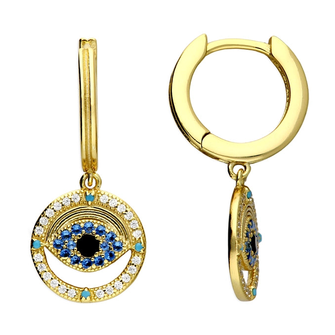 Classic Round Earrings-14ct Gold Plated Silver Cubic Zirconia Evil Eye Earrings