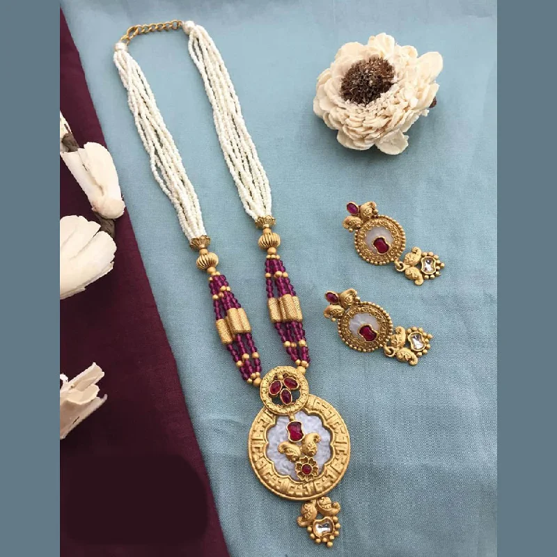 Flower Necklace for Women-FS Collection Gold Plated Kundan Stone And Pearls Long Necklace Set