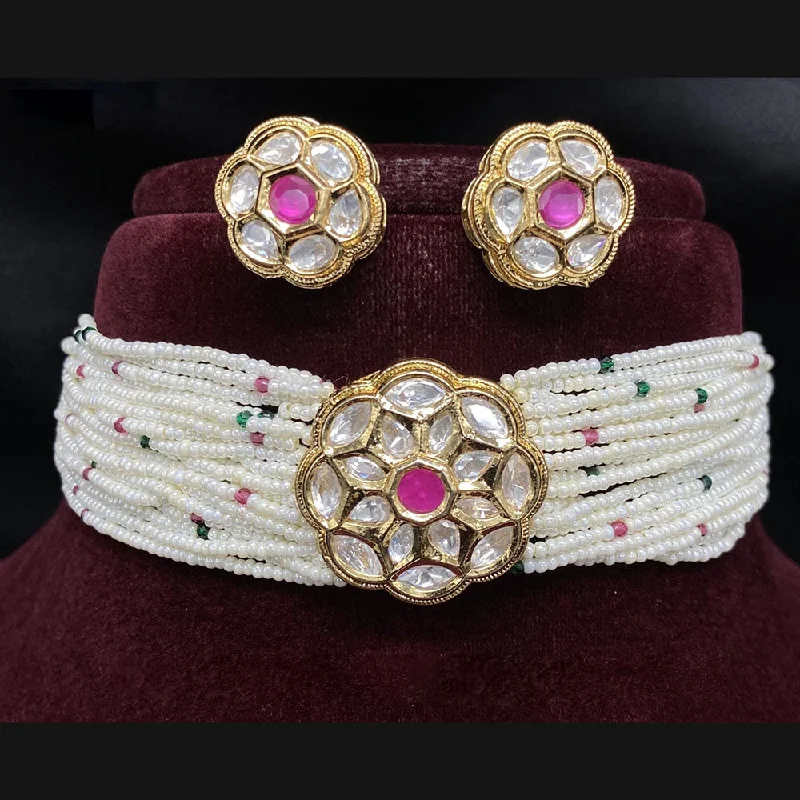 Gemstone Cluster Necklace-Royal Kundan Jewellery Gold Plated Crystal Stone And Pearls Choker Necklace Set