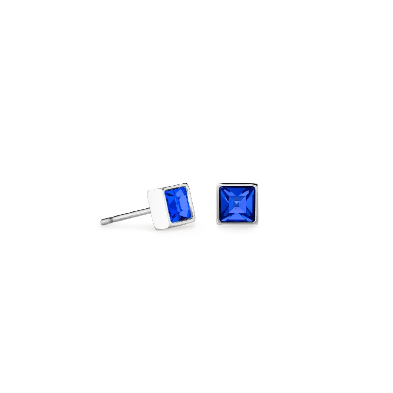 Funky Earrings for Teens-Coeur De Lion Brilliant Square Silver and Blue Crystal Stud Earrings