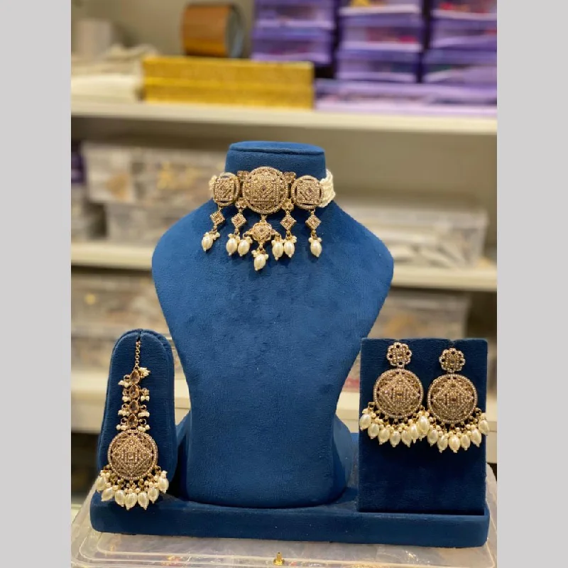 Pearl and Diamond Necklace-Hira Collections Gold Plated Kundan Stone And Pearls Choker Necklace Set